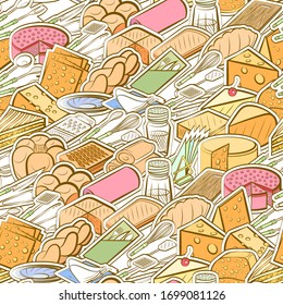 Bakery products, Cheeses, Cutlery and Table setting pattern. Background for printing, design, web. Seamless. Colored.