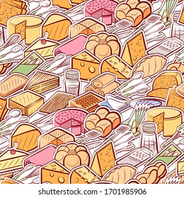 Bakery products, Cheeses, Cutlery and Table setting pattern. Background for printing, design, web. Seamless. Colored.