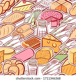 Bakery products, Cheeses, Cutlery and Table setting pattern. Background for printing, design, web. Seamless. Colored.