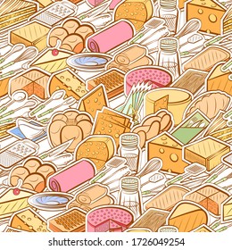 Bakery products, Cheeses, Cutlery and Table setting pattern. Background for printing, design, web. Seamless. Colored.