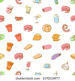 Bakery products, Cheeses, Drinks, Health food and Seafood set. Background for printing, design, web. Usable as icons. Seamless. Colored.