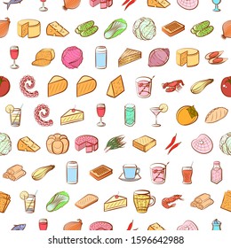 Bakery products, Cheeses, Drinks, Health food and Seafood set. Background for printing, design, web. Usable as icons. Seamless. Colored.