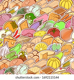 Bakery products, Cheeses, Fruits and Healthy food pattern. Background for printing, design, web. Seamless. Colored.