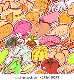 Bakery products, Cheeses, Fruits and Healthy food pattern. Background for printing, design, web. Seamless. Colored.