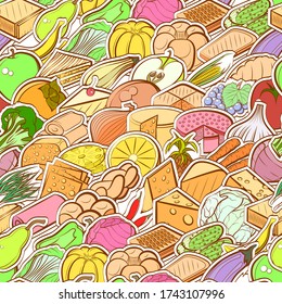 Bakery products, Cheeses, Fruits and Healthy food pattern. Background for printing, design, web. Seamless. Colored.