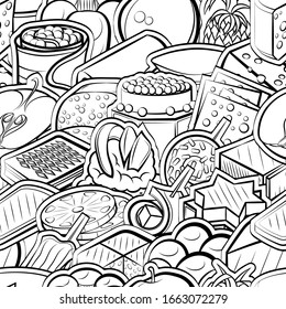 Bakery products, Cheeses, Fruits and Snacks pattern. Background for printing, design, web. Seamless. Monochrome binary, black and white.