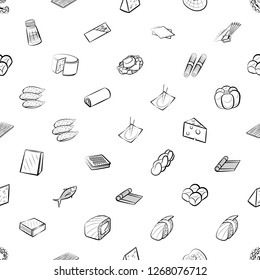 Bakery products, Cheeses, Japanese food, Seafood and Table setting set. Background for printing, design, web. Usable as icons. Seamless. Monochrome binary, black and white.