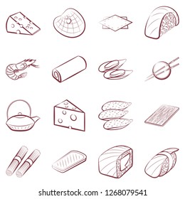 Bakery products, Cheeses, Japanese food, Seafood and Table setting set. Background for printing, design, web. Usable as icons. Color.