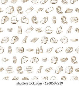 Bakery products, Cheeses, Japanese food, Seafood and Table setting set. Background for printing, design, web. Usable as icons. Seamless. Color.