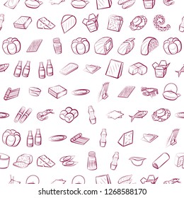 Bakery products, Cheeses, Japanese food, Seafood and Table setting set. Background for printing, design, web. Usable as icons. Seamless. Color.