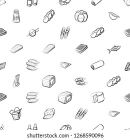 Bakery products, Cheeses, Japanese food, Seafood and Table setting set. Background for printing, design, web. Usable as icons. Seamless. Monochrome binary, black and white.