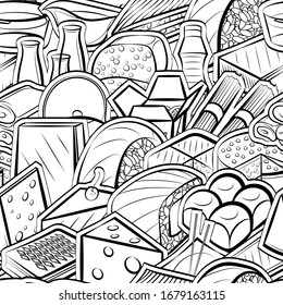 Bakery products, Cheeses and Japanese food pattern. Background for printing, design, web. Seamless. Monochrome binary, black and white.