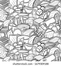 Bakery products, Cheeses and Japanese food pattern. Background for printing, design, web. Seamless. Monochrome binary, black and white.