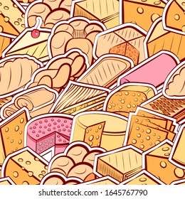 Bakery products and Cheeses pattern. Background for printing, design, web. Seamless. Colored.