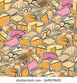 Bakery products and Cheeses pattern. Background for printing, design, web. Seamless. Colored.