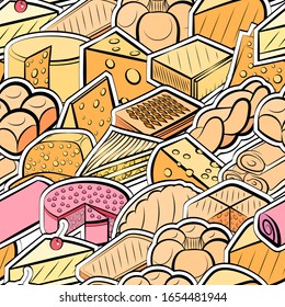 Bakery products and Cheeses pattern. Background for printing, design, web. Seamless. Colored.