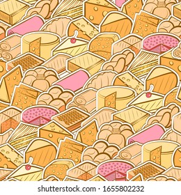 Bakery products and Cheeses pattern. Background for printing, design, web. Seamless. Colored.