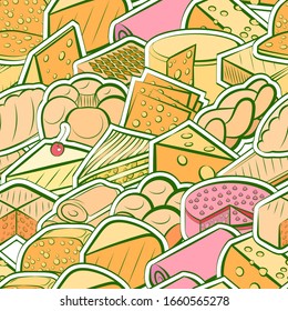 Bakery products and Cheeses pattern. Background for printing, design, web. Seamless. Colored.