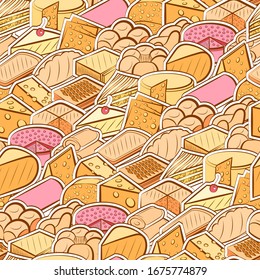 Bakery products and Cheeses pattern. Background for printing, design, web. Seamless. Colored.