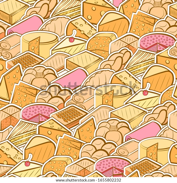 Bakery products and Cheeses pattern.\
Background for printing, design, web. Seamless.\
Colored.