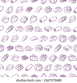 Bakery products and Cheeses set. Background for printing, design, web. Usable as icons. Seamless. Color.