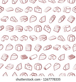 Bakery products and Cheeses set. Background for printing, design, web. Usable as icons. Seamless. Color.