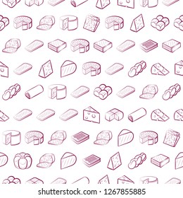 Bakery products and Cheeses set. Background for printing, design, web. Usable as icons. Seamless. Color.