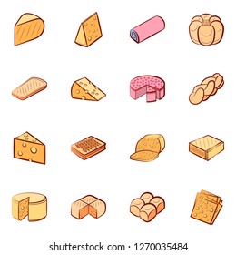 Bakery products and Cheeses set. Background for printing, design, web. Usable as icons. Seamless. Colored.