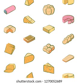 Bakery products and Cheeses set. Background for printing, design, web. Usable as icons. Seamless. Colored.