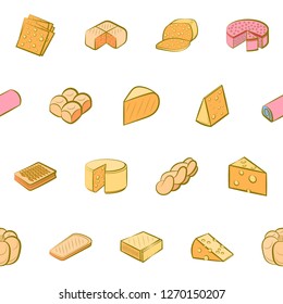 Bakery products and Cheeses set. Background for printing, design, web. Usable as icons. Seamless. Colored.