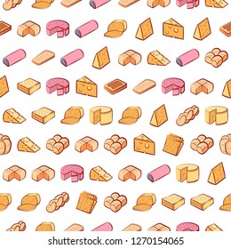 Bakery products and Cheeses set. Background for printing, design, web. Usable as icons. Seamless. Colored.