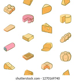 Bakery products and Cheeses set. Background for printing, design, web. Usable as icons. Seamless. Colored.