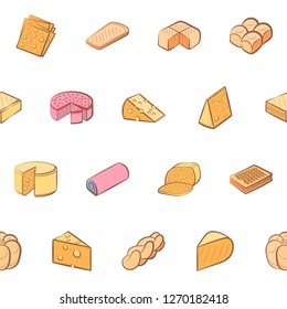 Bakery products and Cheeses set. Background for printing, design, web. Usable as icons. Seamless. Colored.