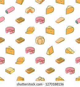 Bakery products and Cheeses set. Background for printing, design, web. Usable as icons. Seamless. Colored.