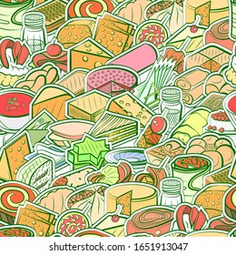 Bakery products, Cheeses, Snacks and Table setting pattern. Background for printing, design, web. Seamless. Colored.