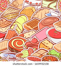 Bakery products, Cheeses, Snacks and Table setting pattern. Background for printing, design, web. Seamless. Colored.