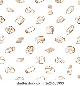 Bakery products, Cheeses and Table setting set. Background for printing, design, web. Usable as icons. Seamless. Binary color.