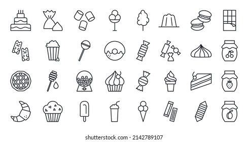 Bakery products, chocolate, candies, sweets icon set. Confectionery isolated vector line icons