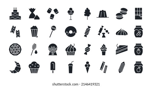 Bakery products, chocolate, candies, sweets icon set. Confectionery isolated vector silhouettes