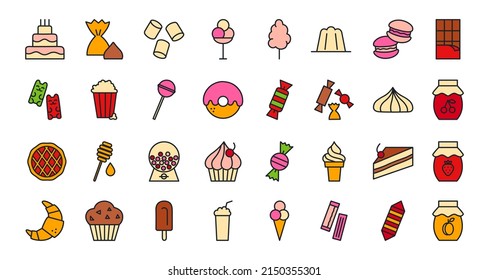 Bakery products, chocolate, candies, sweets icon set. Confectionery isolated vector line color icons