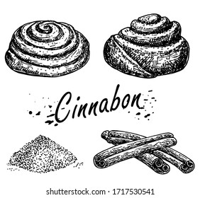 Bakery products. Cinnamon roll sketch. Cinnabon bun. Hand drawn sketch of Sweet cinnamon roll.  Loaf of bread. Cinnamon sticks.
