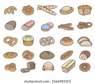 Bakery products colorful icons. Croissant bread buns rye bread grated pie french pastries baguettes sweet roll pie braid cheesecake isolated vector illustration