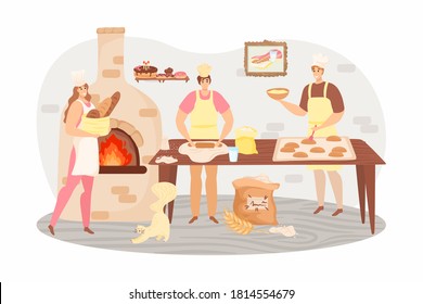 Bäckereiprodukte Konzept, Vektorgrafik. Bäcker kneten Teig in Bäckerei. Backwaren, Brot und Gebäck. Backhaus und Shop mit Herd. Zubereitung zum Kuchen von Brot in der Küche.