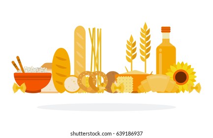 Bakery products and products containing carbohydrates flat material design isolated on white