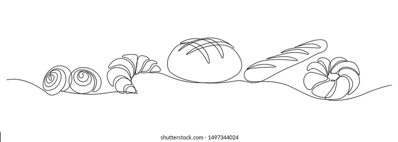 Bakery products in continuous line art drawing style. Black line sketch on white background. Vector illustration