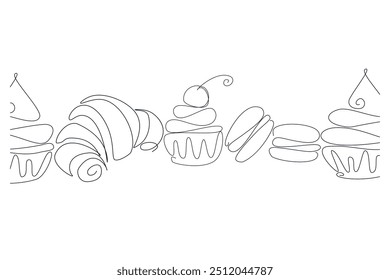 Productos de panadería en estilo de dibujo de arte de línea continua. Bosquejo de línea negra sobre fondo blanco. Ilustración vectorial