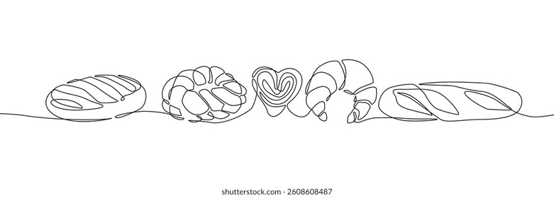 Bakery Products Continuous One Line Drawing. Bakery Trendy Minimalist Vector Illustration. Dessert Food One Line Abstract Drawing Minimalist Contour Style for Modern Design. Not A