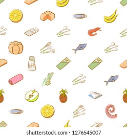 Bakery products, Cutlery, Fruits, Seafood and Table setting set. Background for printing, design, web. Usable as icons. Seamless. Colored.