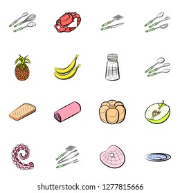 Bakery products, Cutlery, Fruits, Seafood and Table setting set. Background for printing, design, web. Usable as icons. Colored.