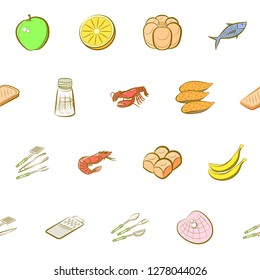 Bakery products, Cutlery, Fruits, Seafood and Table setting set. Background for printing, design, web. Usable as icons. Seamless. Colored.